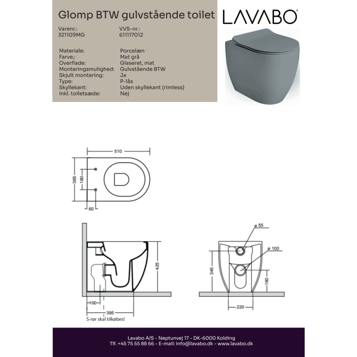 Lavabo Glomp BTW toiletsæt, uden cisterne, back-to-wall, mat grå