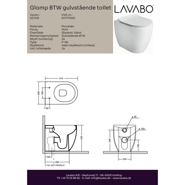 Lavabo Glomp toalett, back-to-wall, uten spylekant, hvit