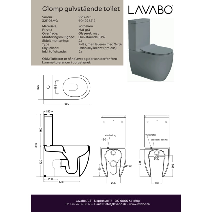 Lavabo Glomp toalett, uten spylekant, matt grå