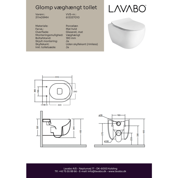 Lavabo Glomp toiletsæt, væghængt, mat hvid