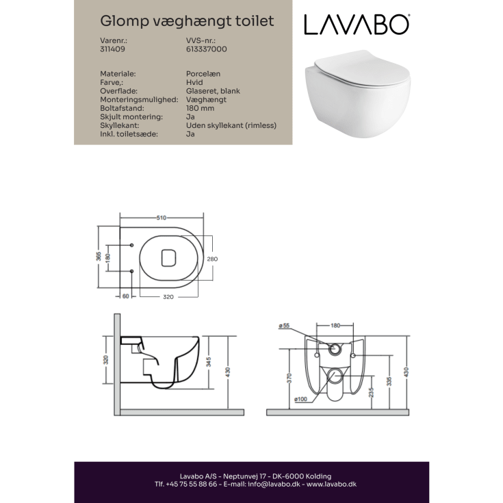 Glomp væghængt toiletsæt, uden skyllekant, hvid