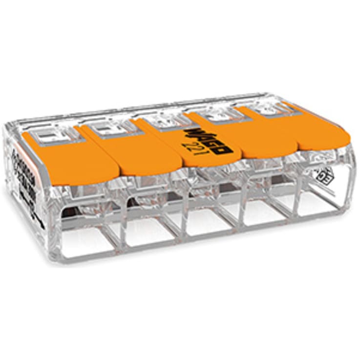 15 stk Samlemuffe 5x0,5-6 mm² transparent med orange pal, serie 221