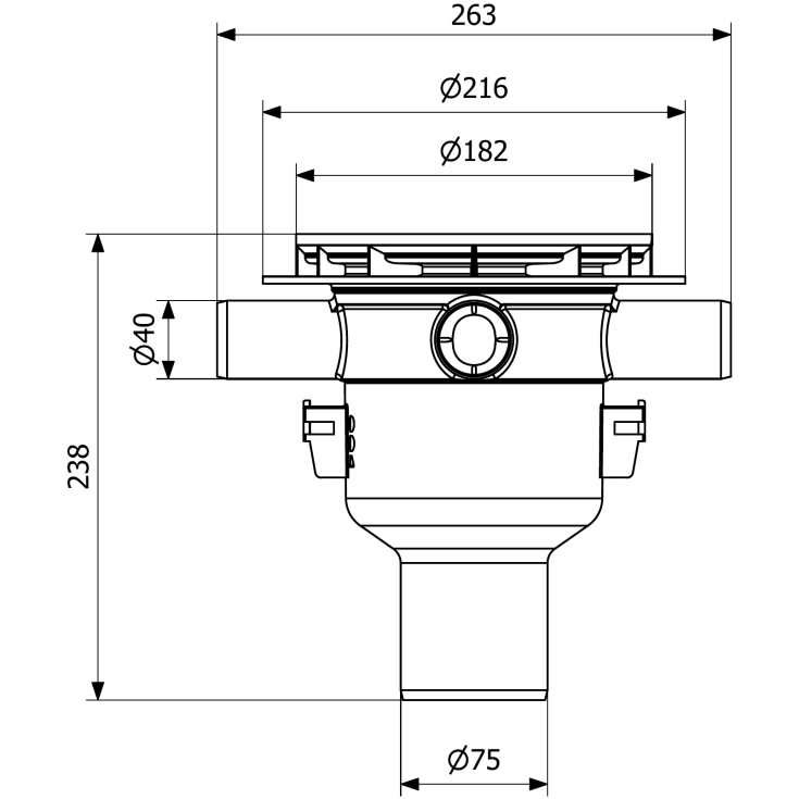 Purus AU-sluk 75 bunn, bunnutløp, med anboring, 75 mm