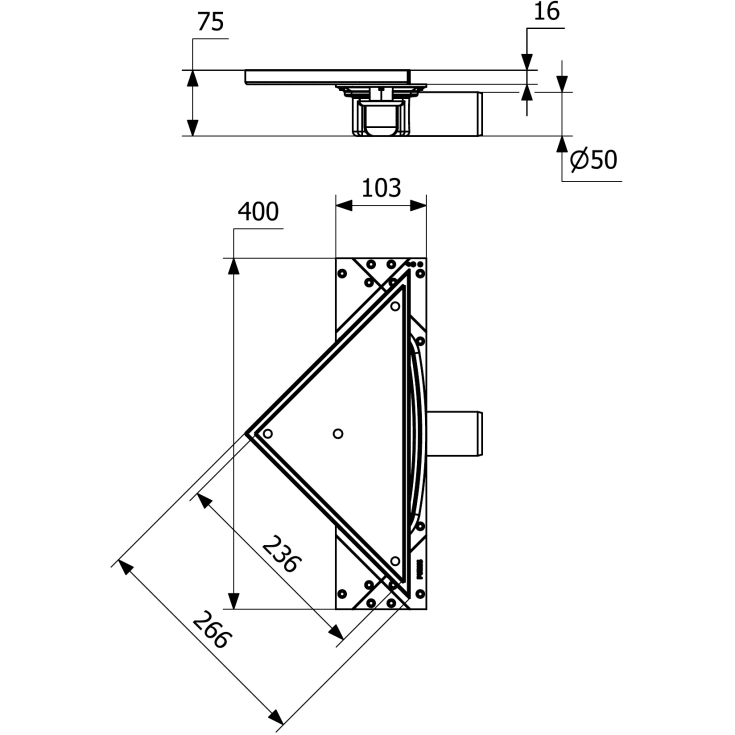 Purus Corner Tile Insert slukpakke, Ø50 mm, lavt sideutløp