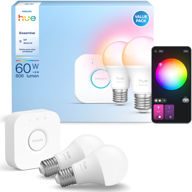 Philips Hue Essential White Color Ambiance E27 pære, startersæt 2-pak