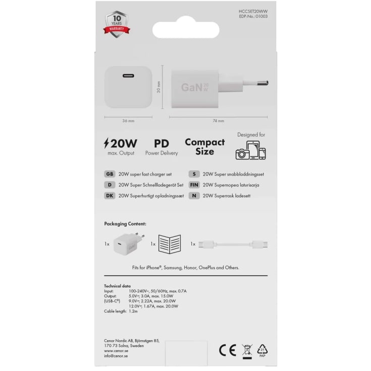 X2O 20W hemladdarset USB-C med 1,2 m kabel GaN vit