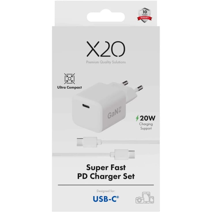 X2O 20W hemladdarset USB-C med 1,2 m kabel GaN vit