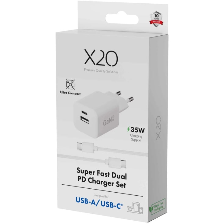 X2O 35w dubbelt laddarset för hemmabruk USB-C/A med 1,2 m kabel, vit
