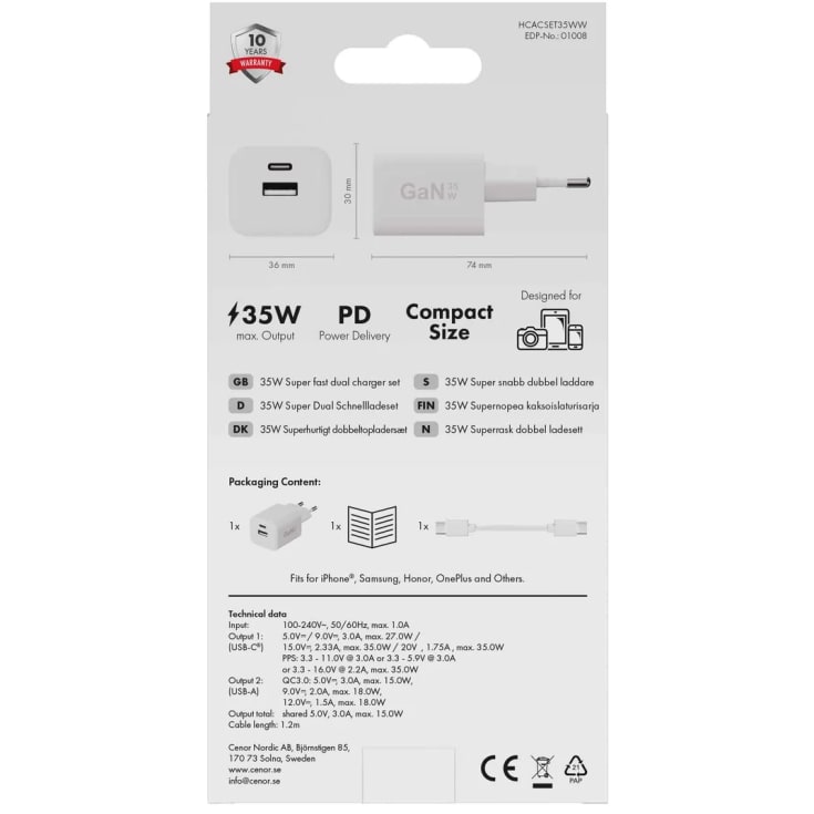 X2O 35w dubbelt laddarset för hemmabruk USB-C/A med 1,2 m kabel, vit