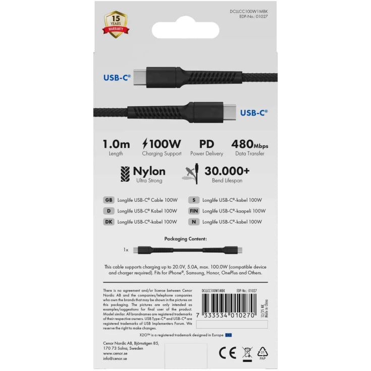 X2O Longlife 100W USB-C/C-kabel 1 m svart