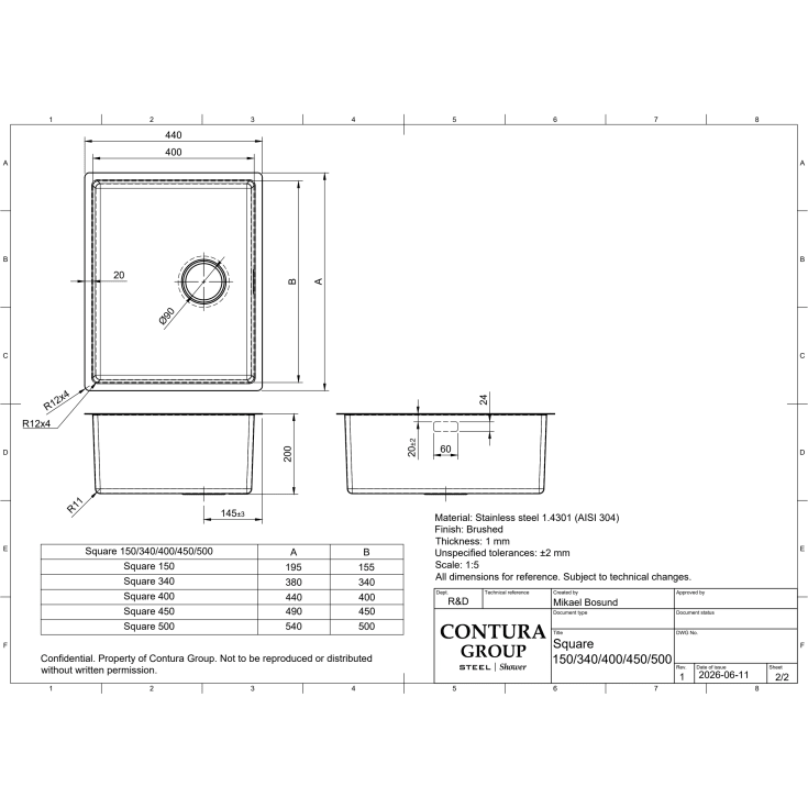 Contura Square 500 kjøkkenvask, 54x44 cm, rustfritt stål