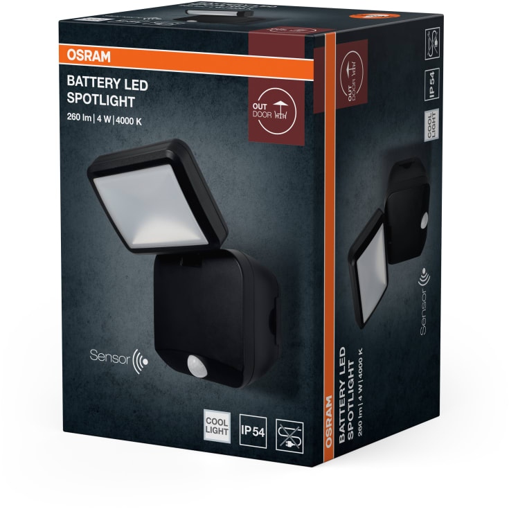 Osram batteri-drivna utomhusspotlight med sensor, 4 W, 4000 K, svart