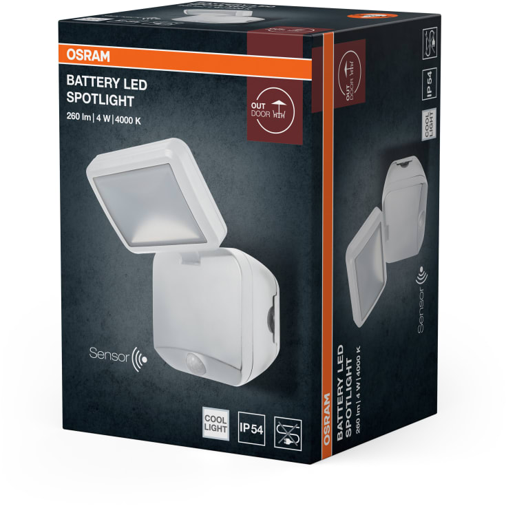 Osram batteri-drivet utomhusspotlight med sensor, 4 W. 4000 K, vit