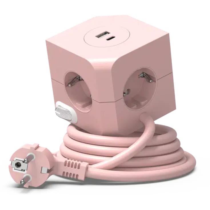 4 stk E-line Cube stikdåse, 4 udtag, USB A+C,lyserød
