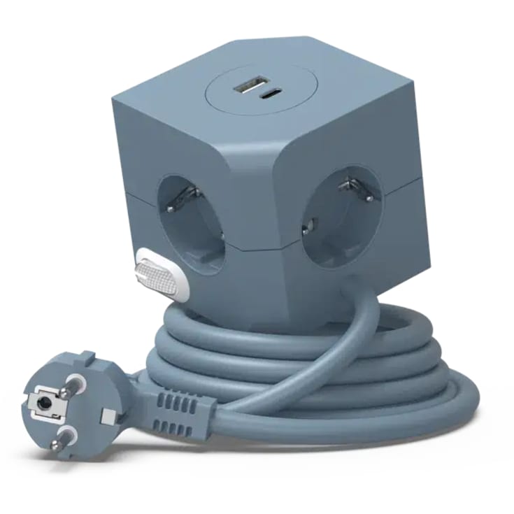 4 stk E-line Cube stikkontakt , 4 uttak, USB A+C, blå