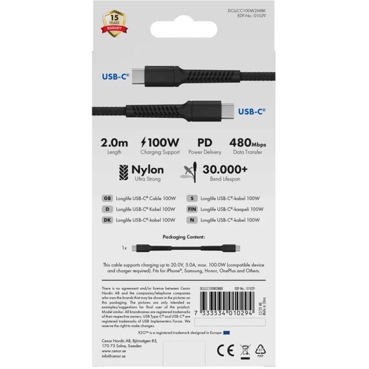 Vivanco USB-C kabel, 2 meter, 100W