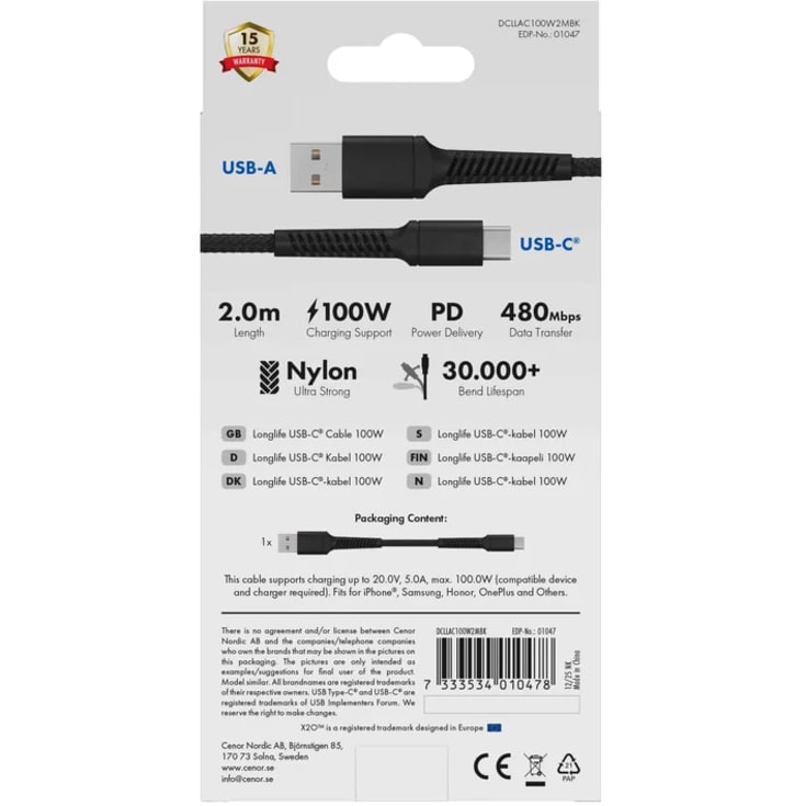 Vivanco USB-A til USB-C kabel, 2 meter, 60W