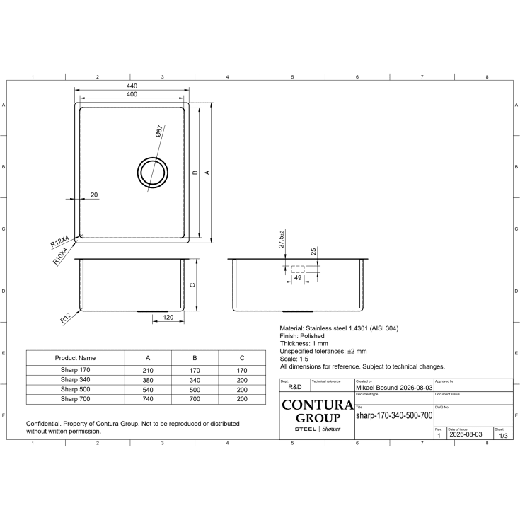 Contura Sharp 700 køkkenvask, 74x44 cm, kobber