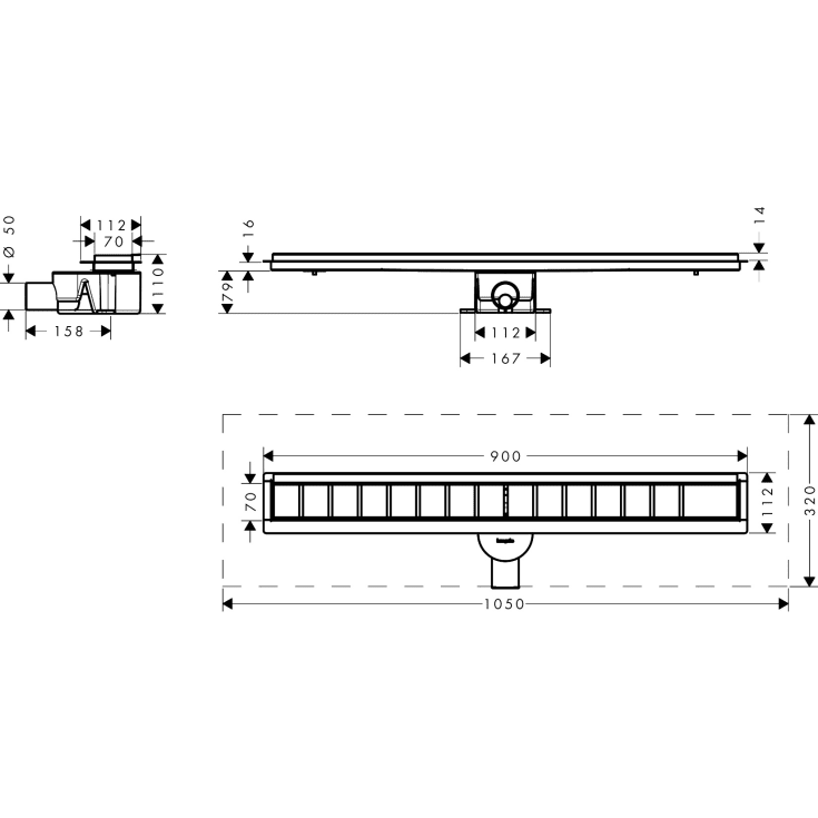 Hansgrohe RainDrain Go komplett golvbrunn, 900 mm, Ø50 mm, 900 mm