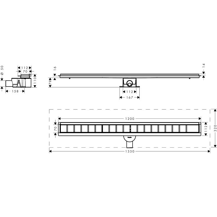 Hansgrohe RainDrain Go komplett golvbrunn, 1200 mm, Ø50 mm, 1200 mm