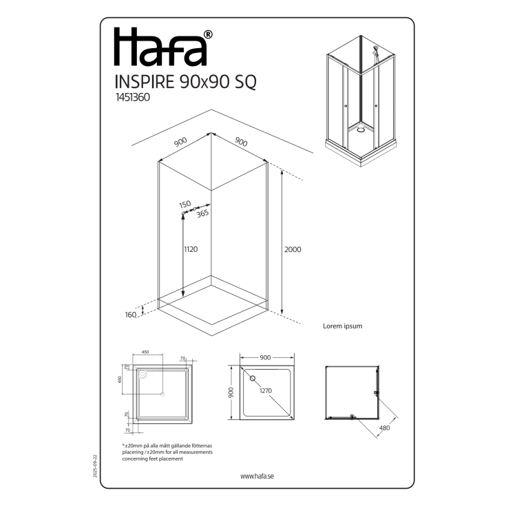 Hafa Inspire dusjkabinett square, 90x90 cm, matt sølv/klart glass