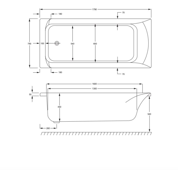 Strømberg Delta badekar, 180x80 cm, hvid