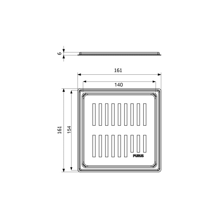 Purus Rib avløpsrist, rist og ramme, 154x154 mm, kobber