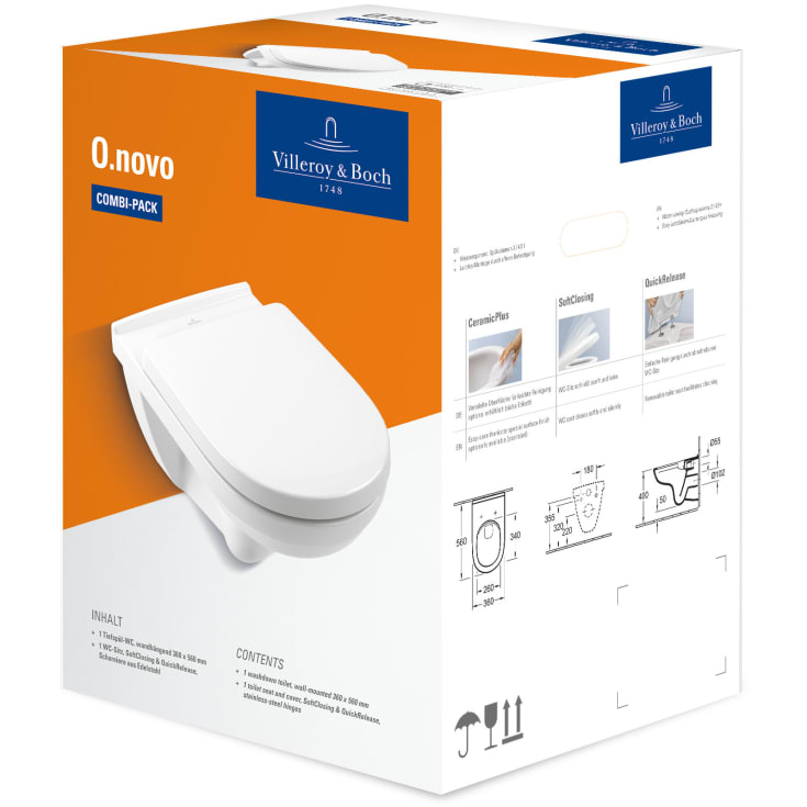 Villeroy & Boch O.novo toalettpakke, med myktlukkende sete, 38,5x55,5 cm, hvit