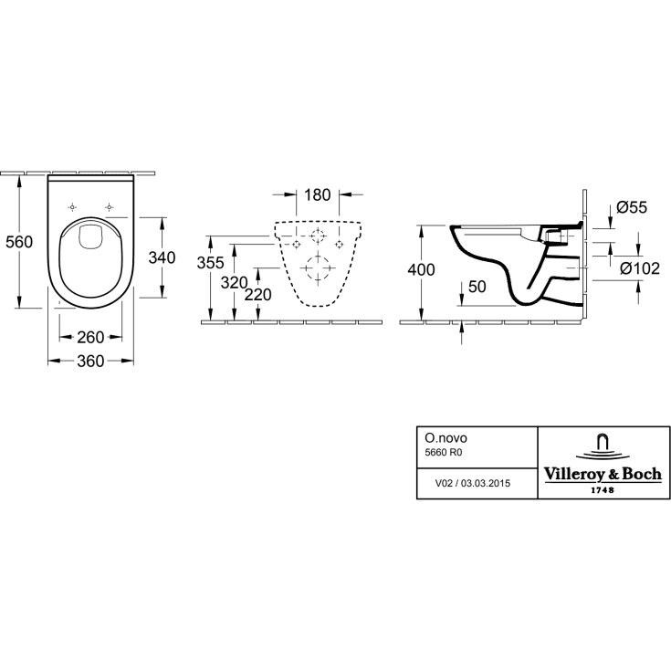 Villeroy & Boch O.novo vegghengt toalett, uten skyllekant, 36x56 cm, hvit
