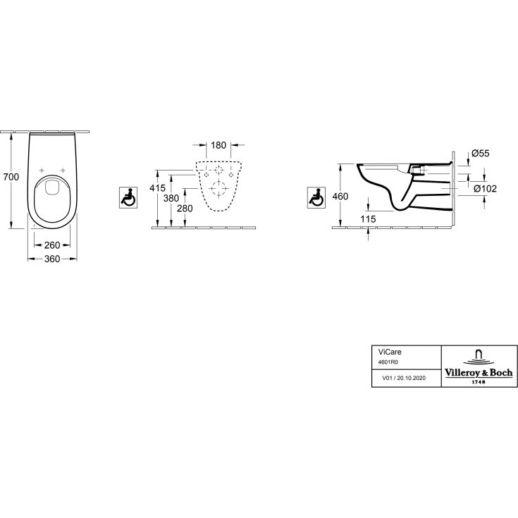 Villeroy & Boch ViCare vegghengt toalett, uten skyllekant, 36x70 cm, hvit