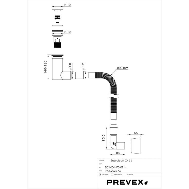 Prevex EasyClean vattenlås m/bottenventil och avloppsslang, vit