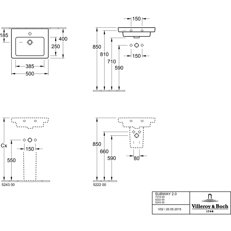 V&B 7315 Subway 2.0 Komp.vask 50 x 40 cm hvid