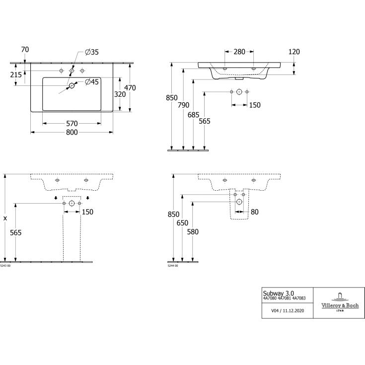 Villeroy & Boch Subway 3.0 håndvask, 80x47 cm, hvid