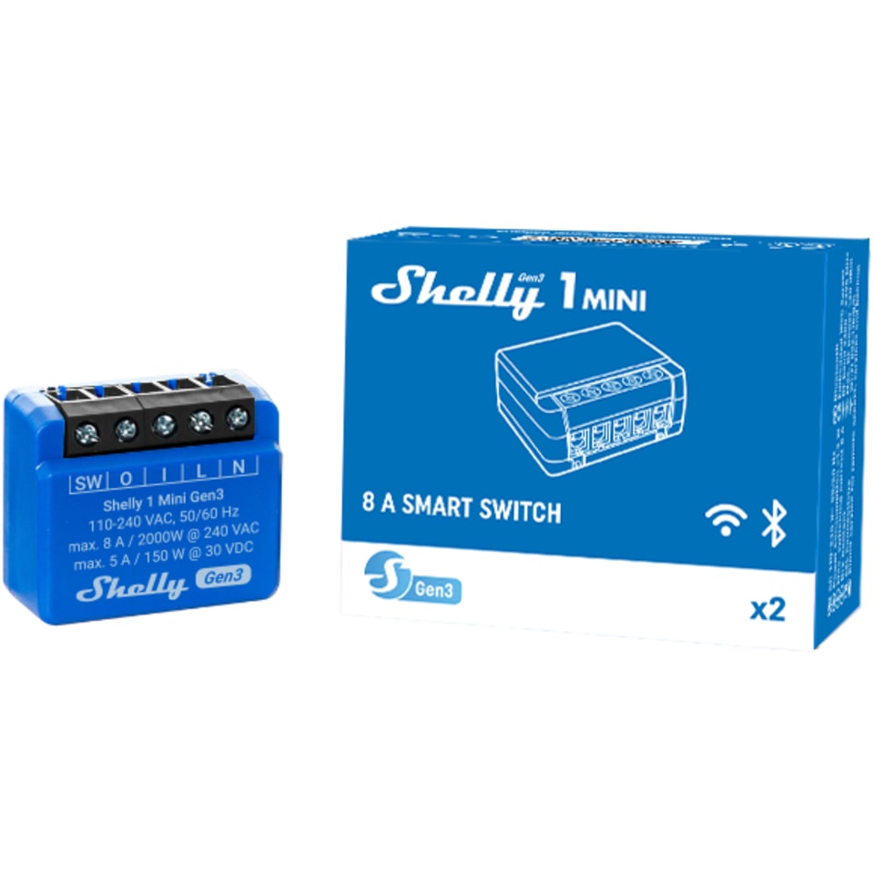 Shelly Plus Mini relæ med Wi-Fi og potentialfrit kontaktsæt | 3800235261576