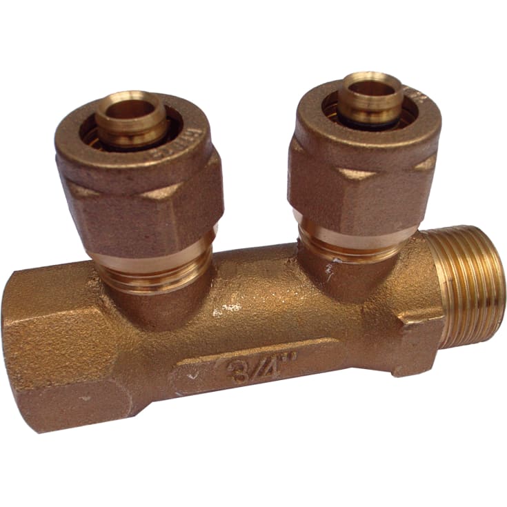 Fördelarrör 3/4", fast mutter, 2 förgreningar med 15 mm omløber