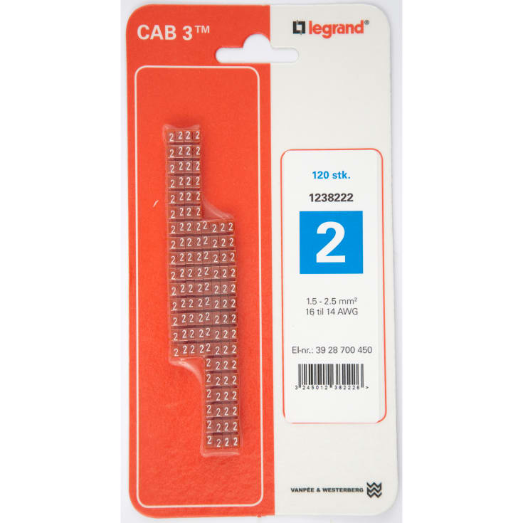 120 stk CAB3 Ledningsmærke 1,5-2,5 mm² mærket: 2 (P120)