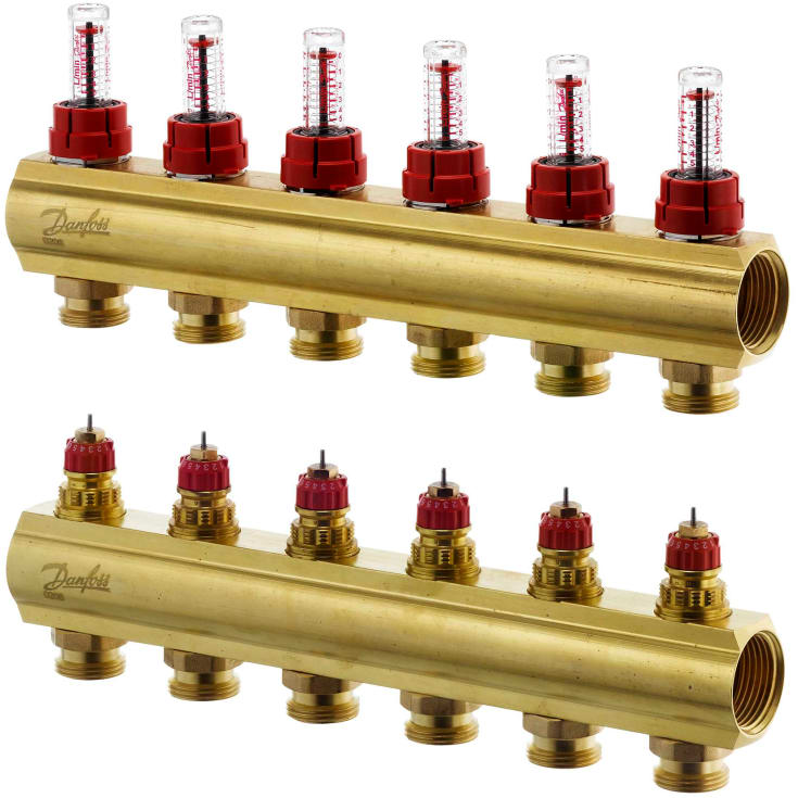 Danfoss 1" gulvvarme fordelerør, 6 kredse, flowmåler