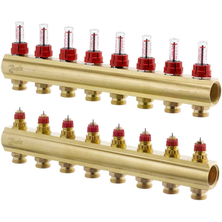 Danfoss 1" gulvvarmefordeler, 8 kretser, flowmåler