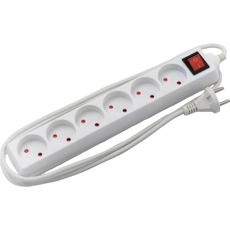6-stikkontakt U/J med bryter og 1,5 m kabel hvit