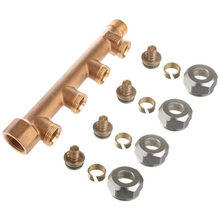 Roth fördelningsrör 3/4”, fast mutter, 4 förgreningar med 15 mm kopplingsmutter