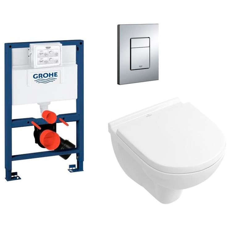 Komplet pakke med Villeroy & Boch O.Novo Compact væghængt toilet, GROHE cisterne, betjeningsplade og softclose sæde