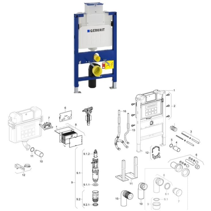 Reservedelsoversigt til Geberit Duofix top-/frontbetjent Kappa indbygningscisterne 82/98 cm fra 2006-2014