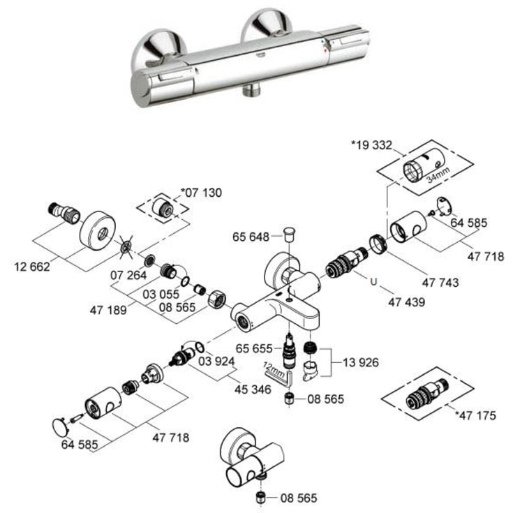 Reservedelsoversikt - Grohtherm 1000 Dusjarmatur