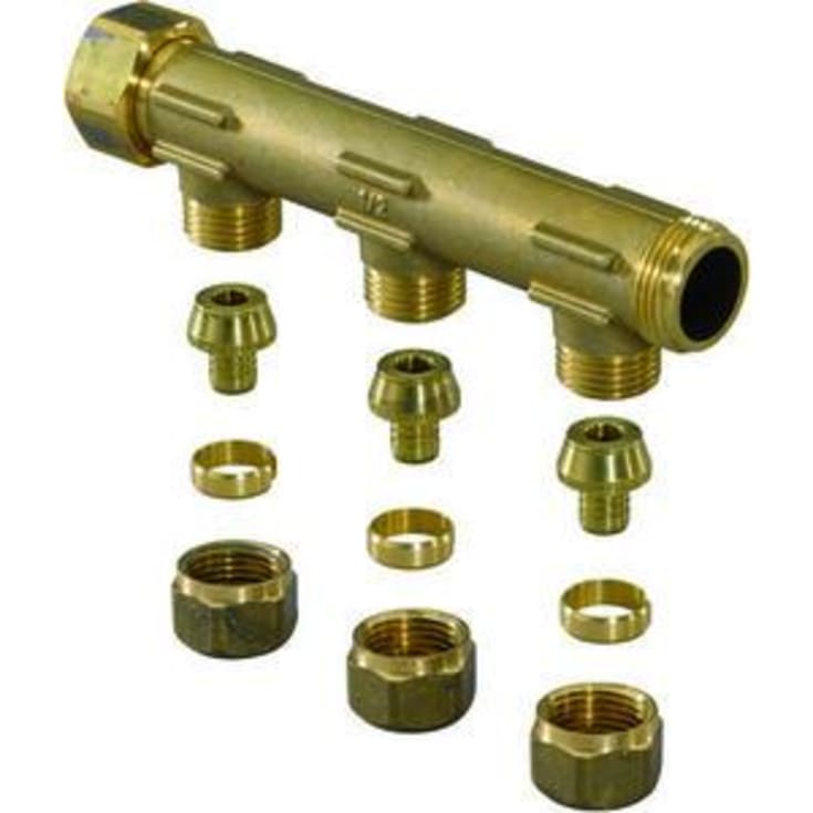 Uponor fördelarrör 3/4", fast mutter, 3 förgreningar med 15 mm omløber