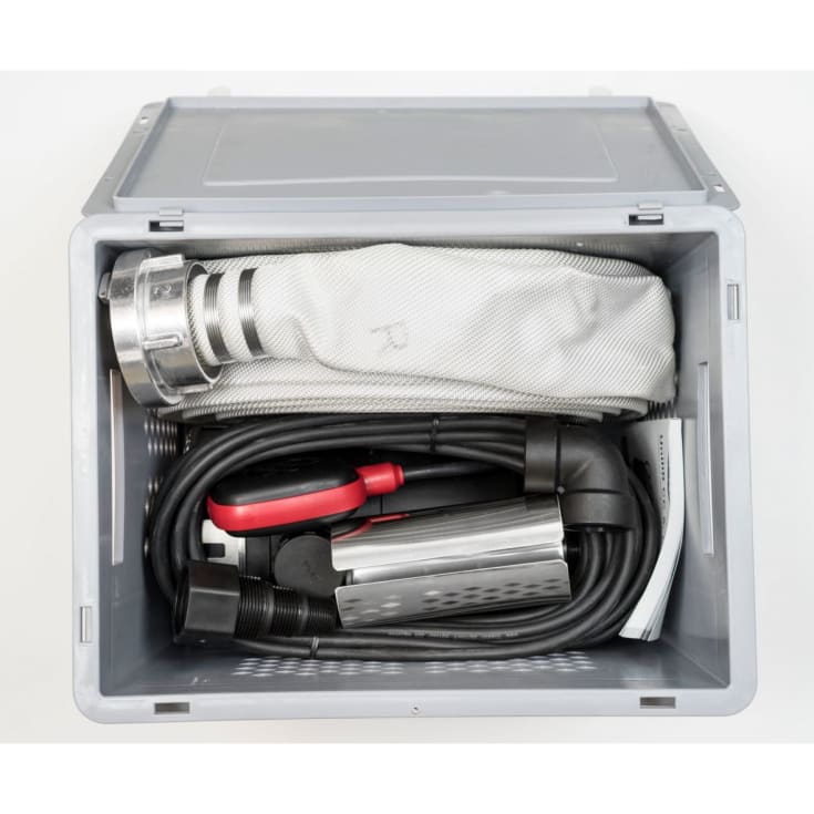 Multiboks med Grundfos dreneringspumpe, filterboks, 15 m. slange og tilhørende adapter