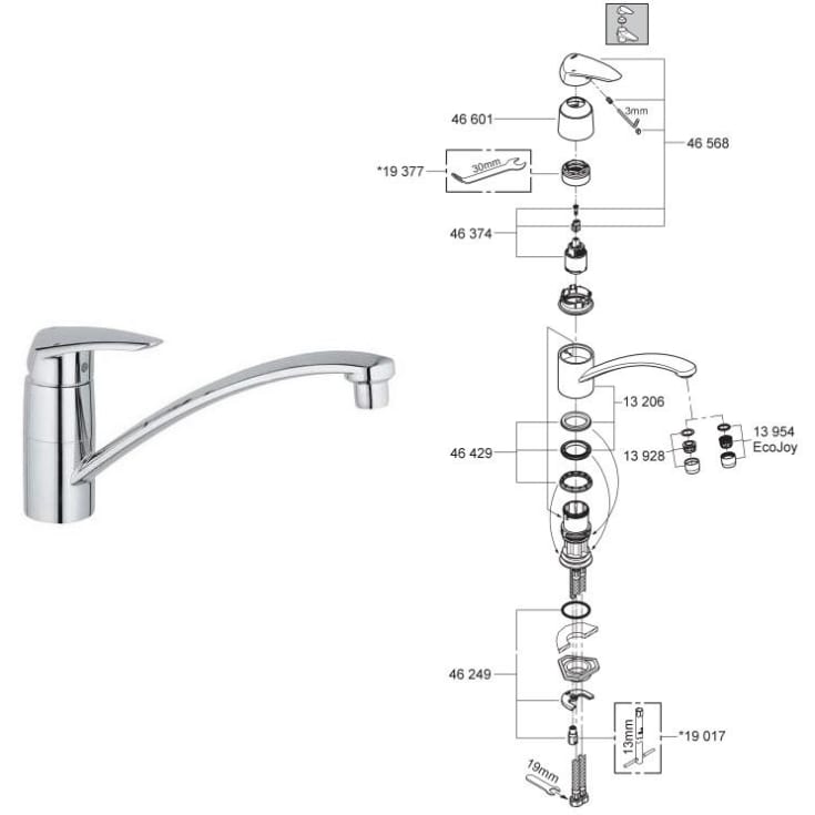 Reservedelsoversigt til Grohe Eurodisc køkkenarmatur