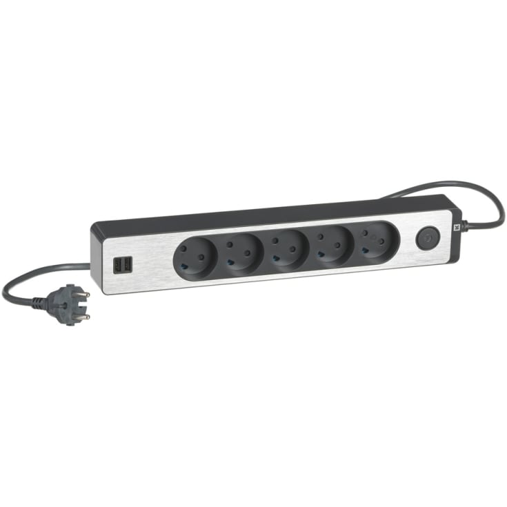 LK design stikkkontakt 5 uttak u/jord m/ledning + 2 USB, koksgrå