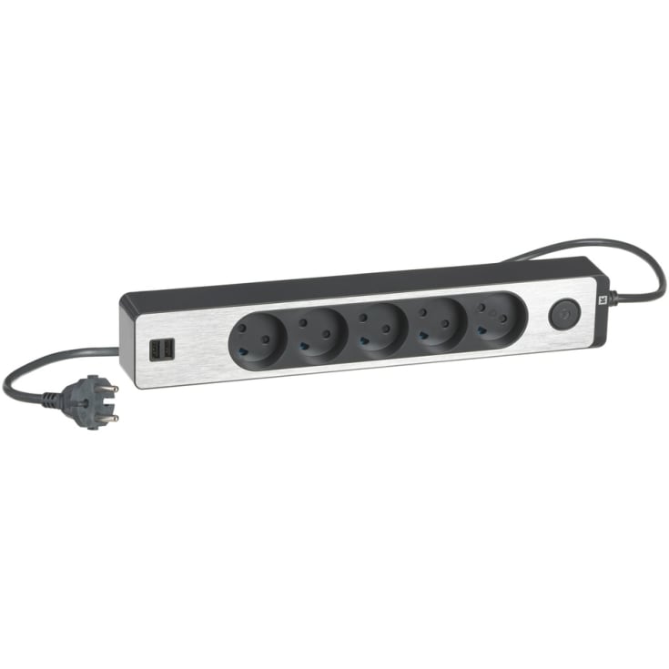 LK Stikdåse med 5 udtag, USB og afbryder i koksgrå/alu - 1,5 meter