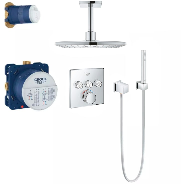 Grohe Grohtherm SmartControl Cube dusjsystem m/termostat, 3 ventiler, innbyggingsdeler & Rainshower SmartActive hodedusj 310x310 mm, krom