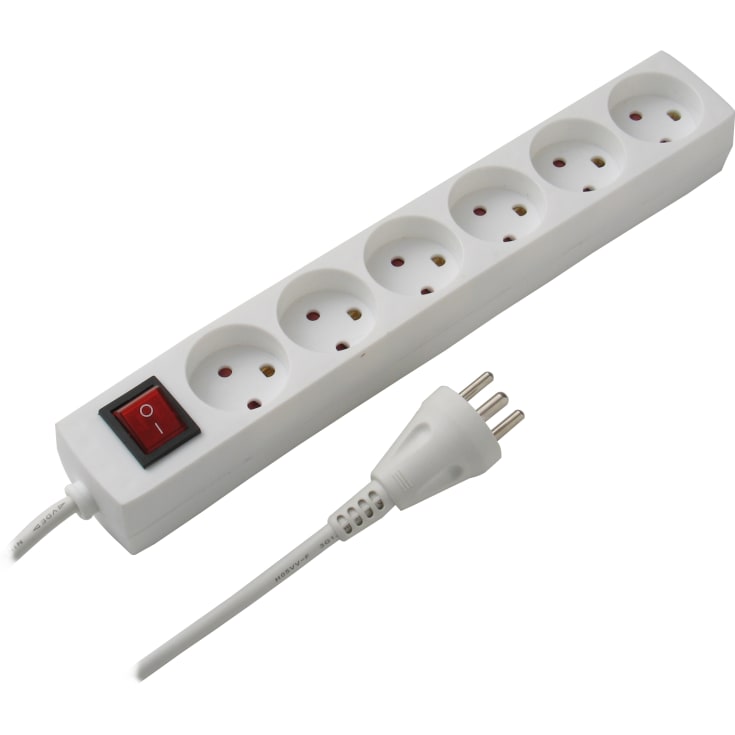 6-stikkontakt M/J med bryter og 3 meter kabel hvit